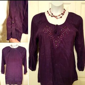 #036 Westbound Woman Purple Embleshed 3/4 Length Sleeve Tunic- Size: 2X